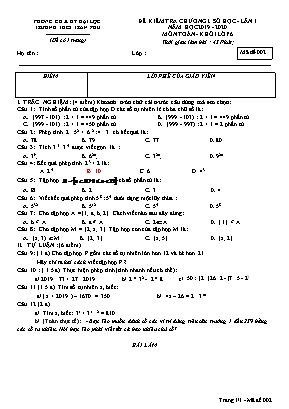 Đề kiểm tra Chương I môn Số học Lớp 6 lần 1 - Mã đề 002 - Năm học 2019-2020 - Trường THCS Trần Phú